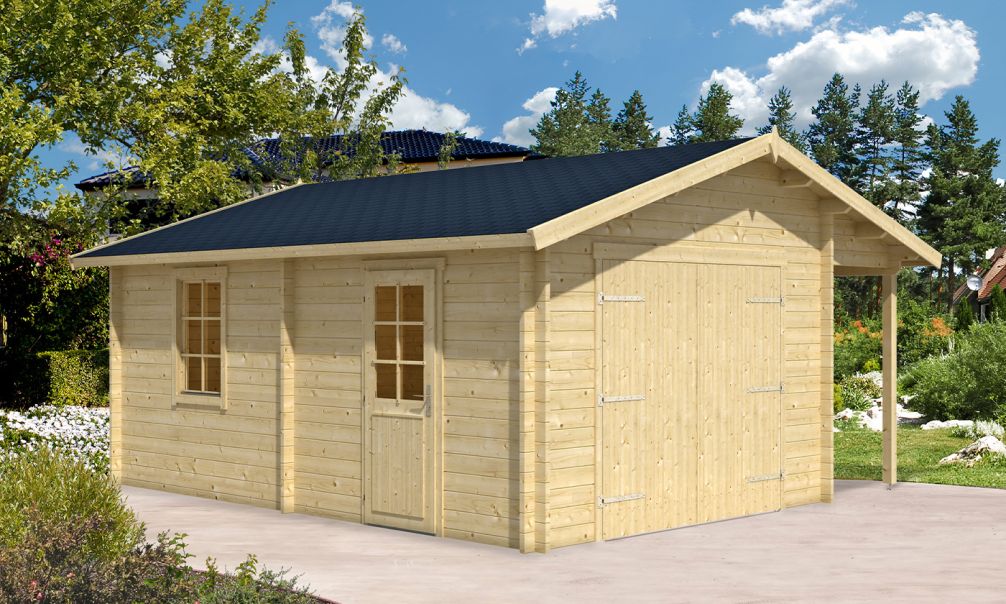 Holzgarage mit Schleppdach NANTES | 359 x 539 cm | Motorisiertes Sektionaltor | Wandstärke 44 mm