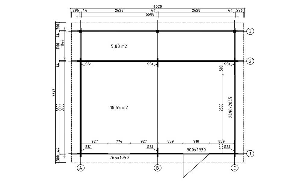 Holzgarage mit Schleppdach NANTES | 359 x 539 cm | Motorisiertes Sektionaltor | Wandstärke 44 mm
