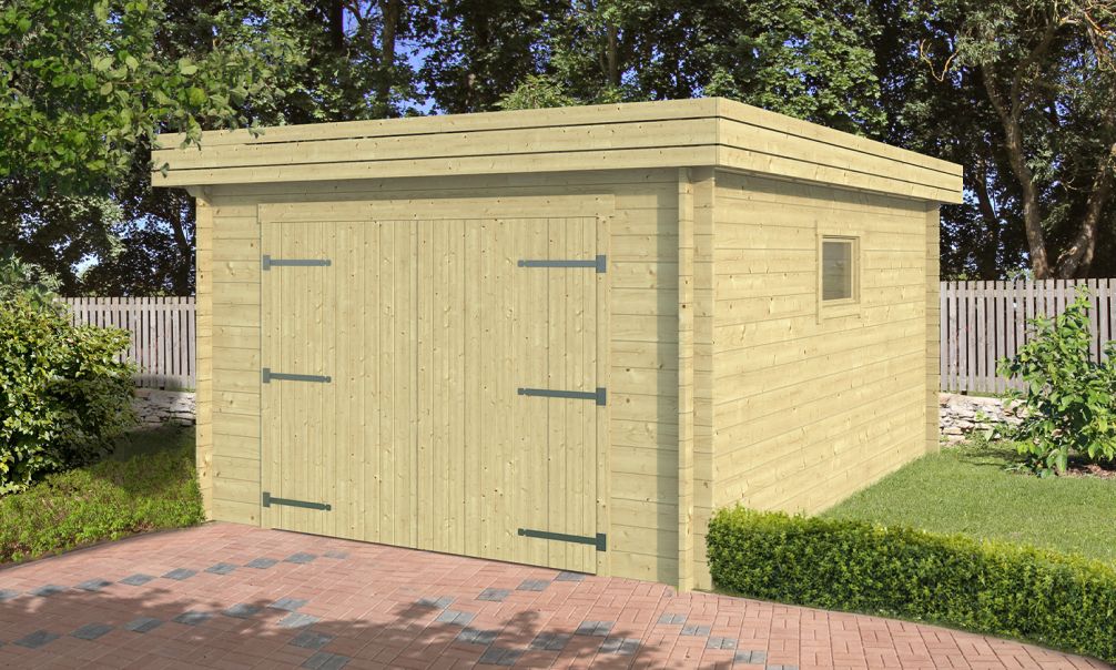 Holzgarage Nanterre | Flachdach | Doppelflügeltür | Wandstärke 34 mm | 330x480cm