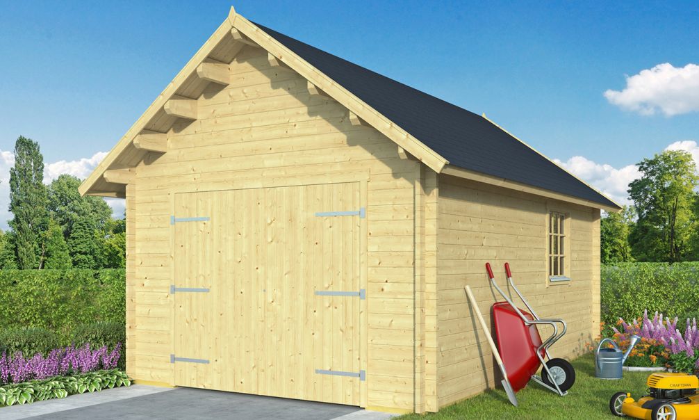 Holzgarage Pau | Satteldach | Doppelflügeltür | Wandstärke 44 mm | 350x540cm