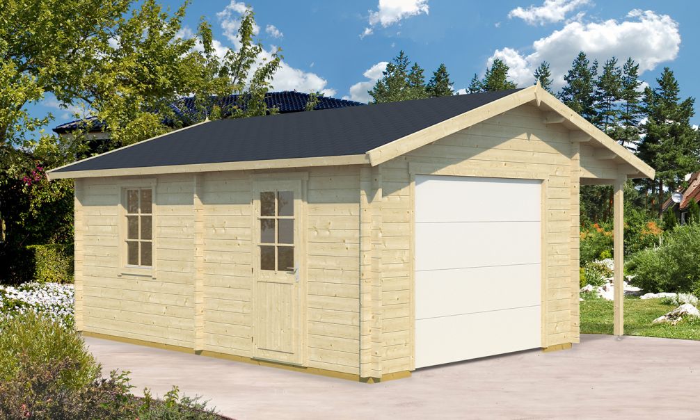 Holzgarage mit Schleppdach NANTES | Satteldach | Motorisiertes Sektionaltor| Wandstärke 44 mm | 359x539cm