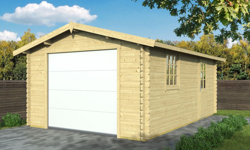Holzgarage Chambery | Satteldach | Motorisiertes Sektionaltor | Wandstärke 44mm | 360x548cm