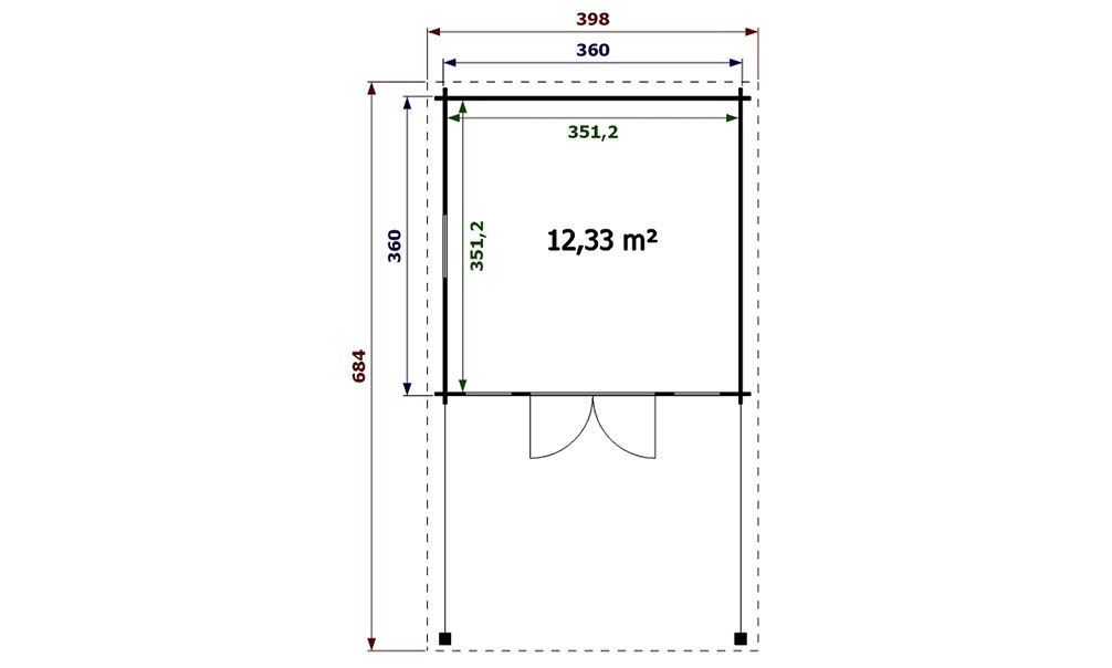 Gartenhaus Angers 360 x 360 x 250 cm + Schleppdach 280 cm | Satteldach | Wandstärke 44mm