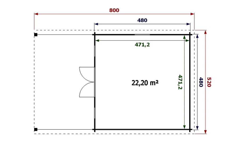 Gartenhaus Arles 480 x 480 x 263 cm + Schleppdach 300 cm | Satteldach | Wandstärke 44mm