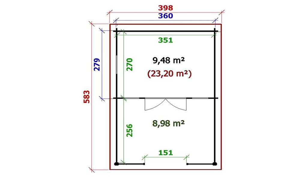 Gartenhaus Belfort 360 x 279 x 250 cm + Schleppdach 260 cm | Satteldach| Wandstärke 44mm