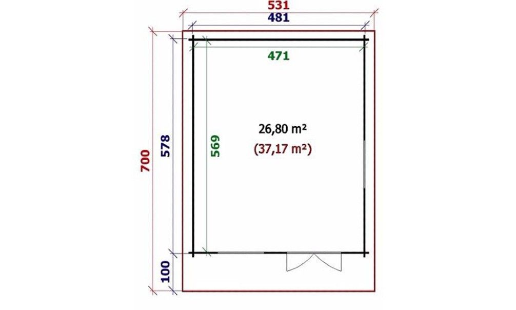 Gartenhaus Fontainebleau 2 | 481 x 578 x 283 cm + Schleppdach 100 cm |  Satteldach | Wandstärke 44mm