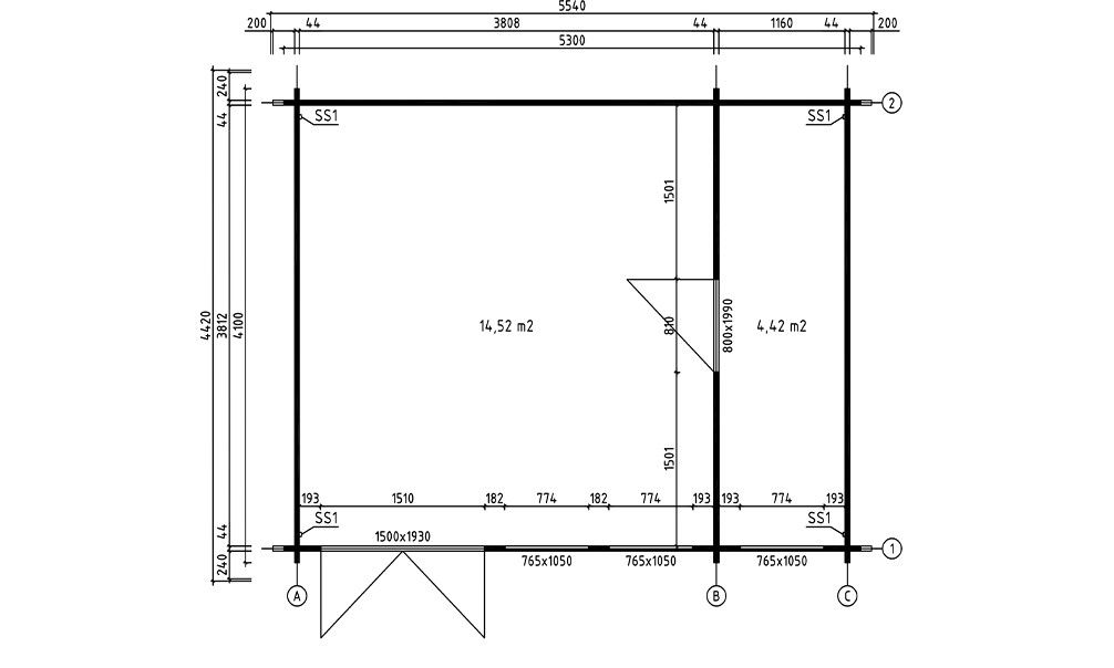 Gartenhaus Palerme | Satteldach| 44mm | 510x390cm