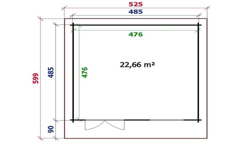 Gartenhaus Séville 485 x 485 x 263 cm +  Schleppdach 90 cm | Satteldach | Wandstärke 44mm