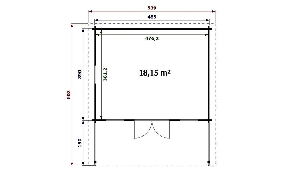 Gartenhaus Vichy 485 x 390 x 276 cm + Schleppdach 190 cm | Satteldach | Wandstärke 44mm