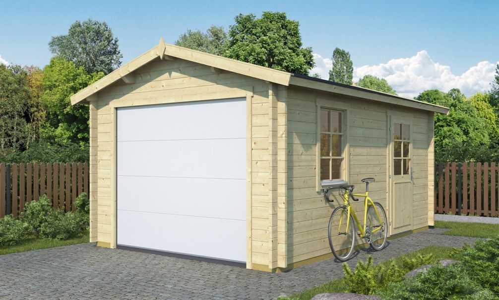 Holzgarage Loire | Satteldach | Motorisiertes Sektionaltor | Wandstärke 44 mm | 330x500cm