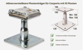 Höhenverstellbare Pfostenträger für Carports mit 10 Pfosten