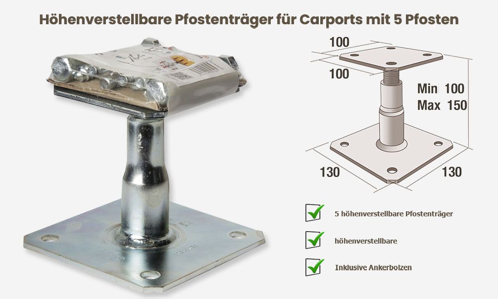 Höhenverstellbare Pfostenträger für Carports mit 5 Pfosten