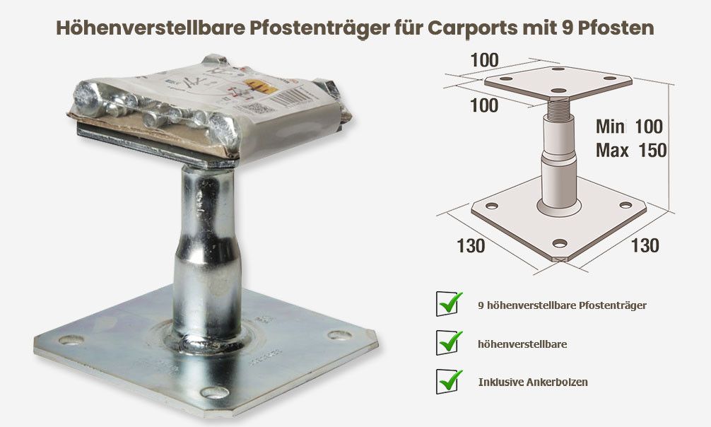 Höhenverstellbare Pfostenträger für Carports mit 9 Pfosten