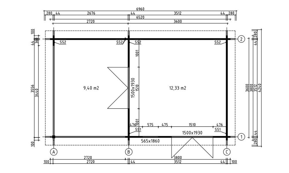 Gartenhaus mis Anbau Rodez 44 | Flachdach | Wandstärke 44mm | 632x360cm
