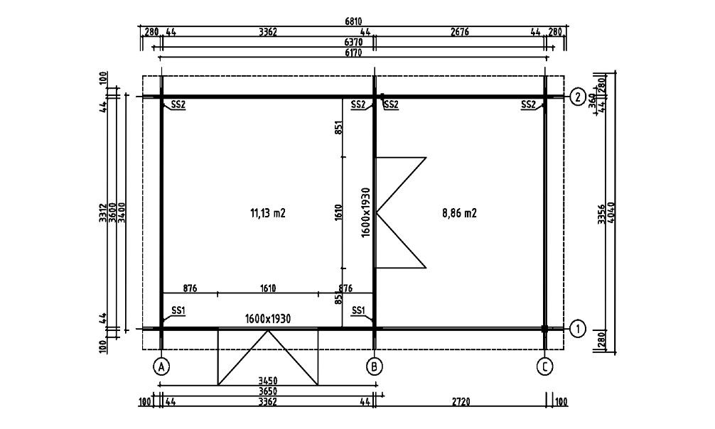 Gartenhaus mit Anbau Bethune 44 | Flachdach | Wandstärke 44mm | 617x340cm