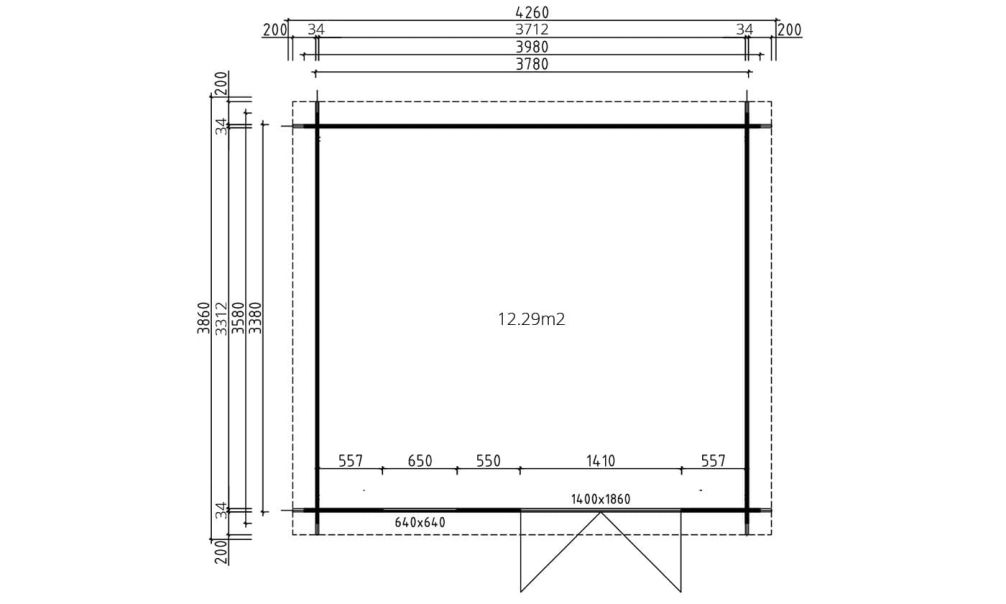 Gartenhaus Lyon 13 | Flachdach | Wandstärke 34mm | 378x338cm