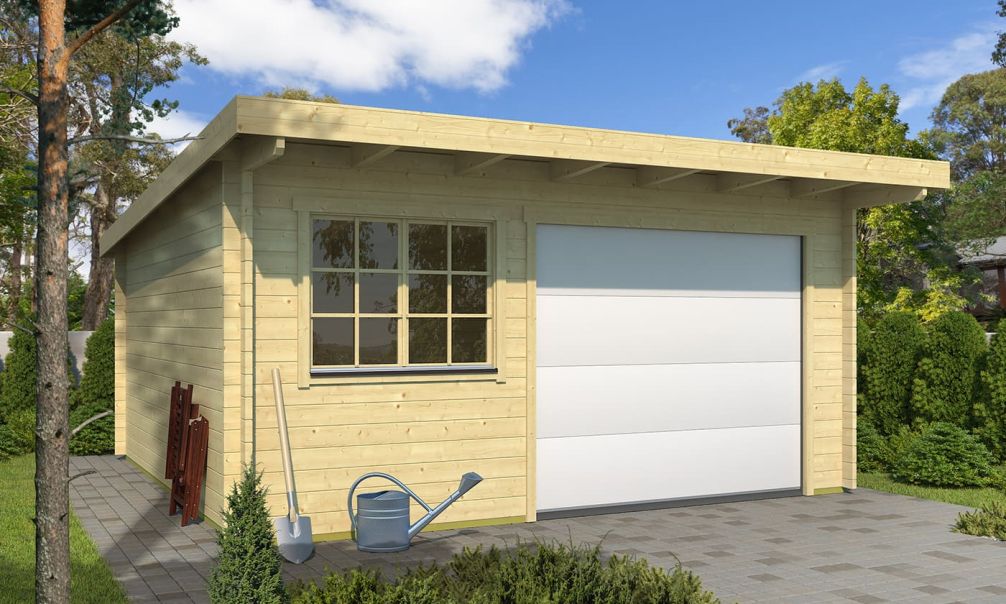 Holzgarage Leucate B | Pultdach | Motorisiertes Sektionaltor | Wandstärke 44mm | 488x488cm