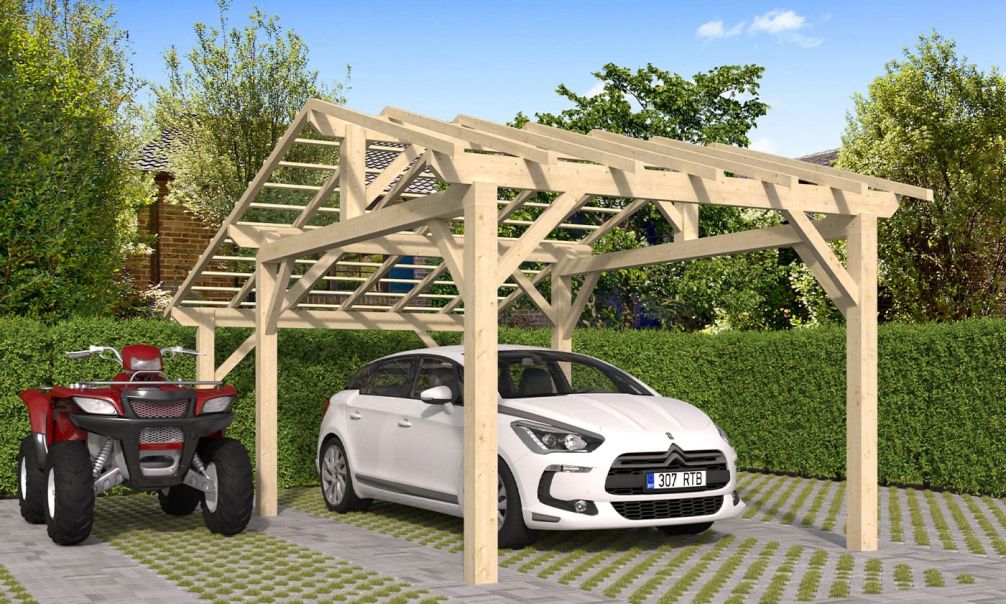 Einzelcarport Vincennes 18B | Holz-Nutzungsklasse 2 | Satteldak | Nordische Kiefer | 350x650cm