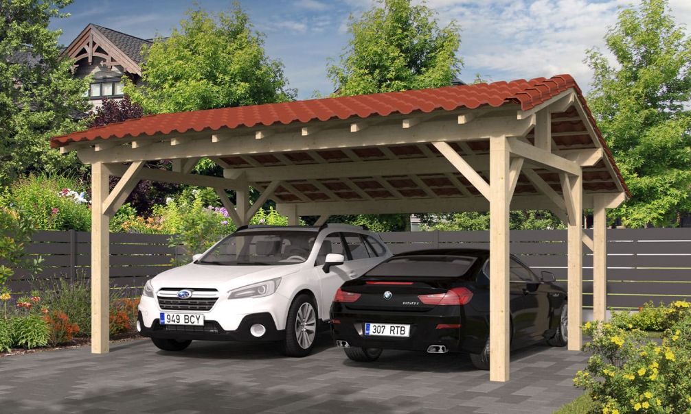 Doppelcarport Vincennes 23 | Holz-Nutzungsklasse 2 | Satteldak | Nordische Kiefer | 550x500cm