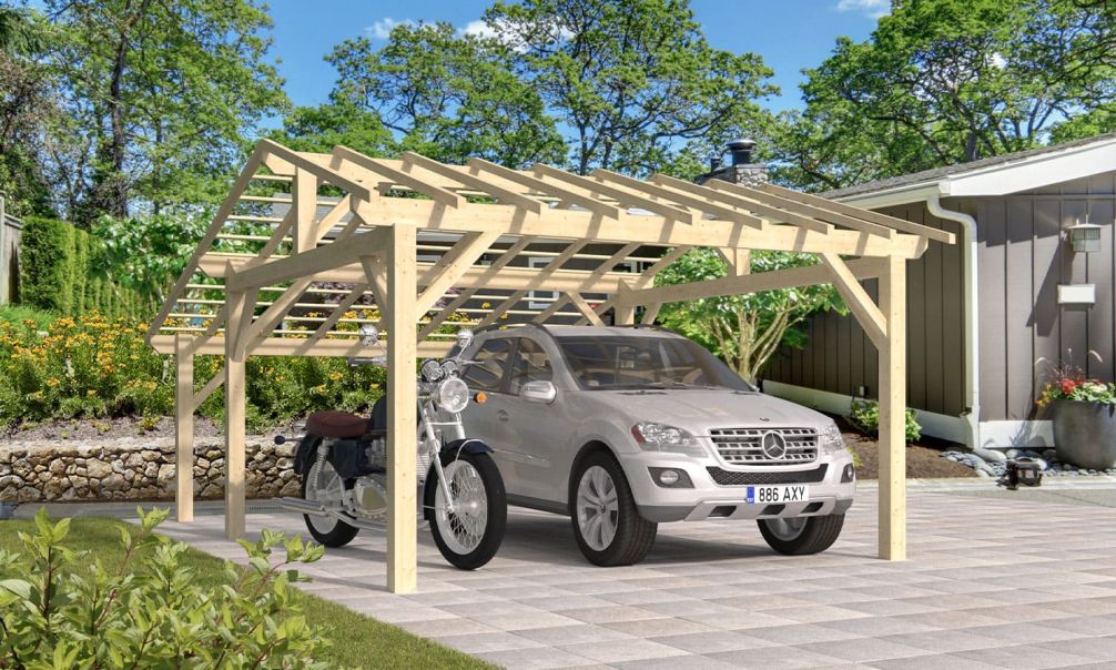 Doppelcarport Vincennes 24 | Holz-Nutzungsklasse 2 | Satteldak | Nordische Kiefer | 450x650cm