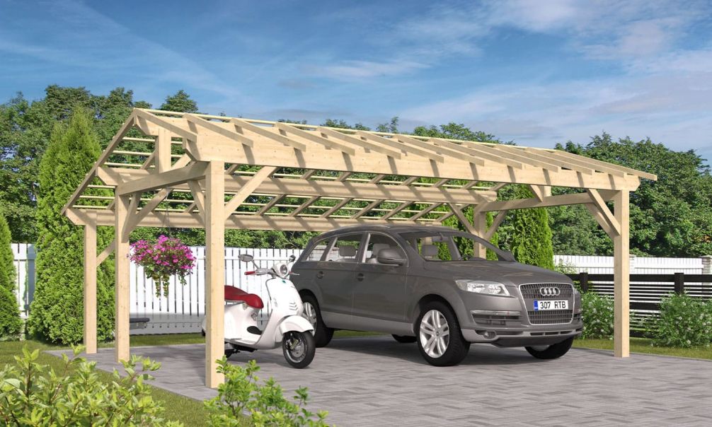 Doppelcarport Vincennes 27 | Holz-Nutzungsklasse 2 | Satteldak | Nordische Kiefer | 650x500cm