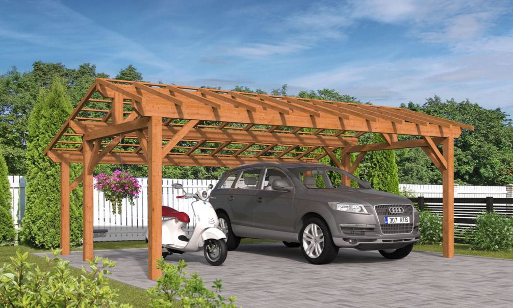 Doppelcarport Vincennes 27 | Holz-Nutzungsklasse 3 | Satteldak | Nordische Kiefer | 650x500cm