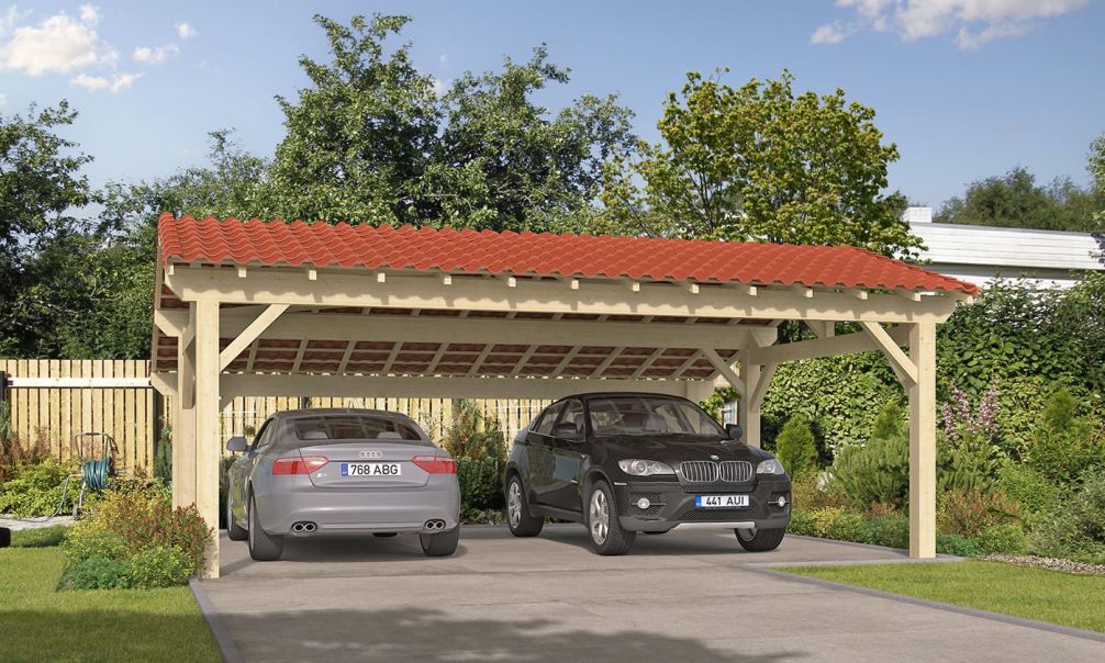 Doppelcarport Vincennes 42 | Holz-Nutzungsklasse 2 | Satteldak | Nordische Kiefer | 700x600cm