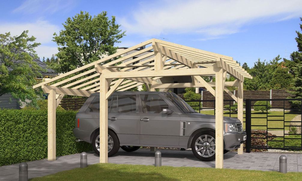 Einzelcarport Volcan 15 | Holz-Nutzungsklasse 2 | Satteldak | Nordische Kiefer | 400x484cm