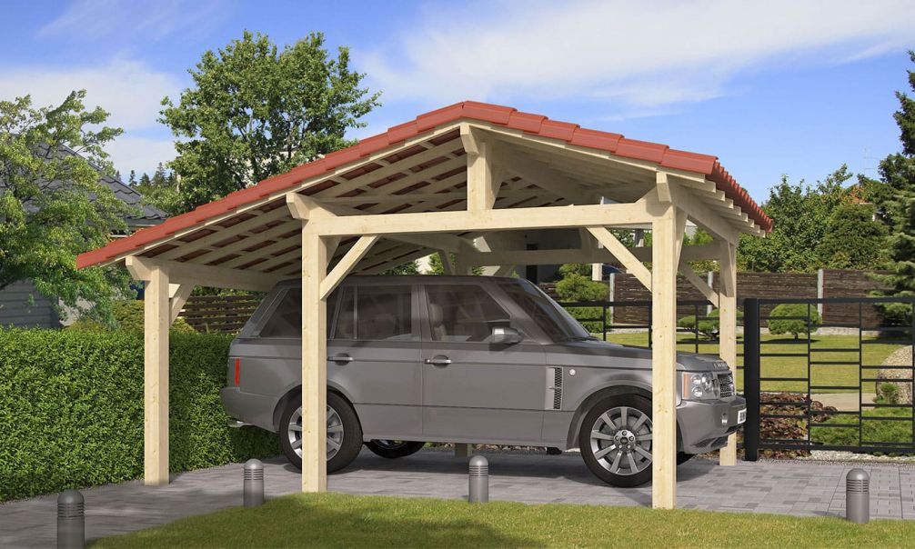 Einzelcarport Volcan 15 | Holz-Nutzungsklasse 2 | Satteldak | Nordische Kiefer | 400x484cm