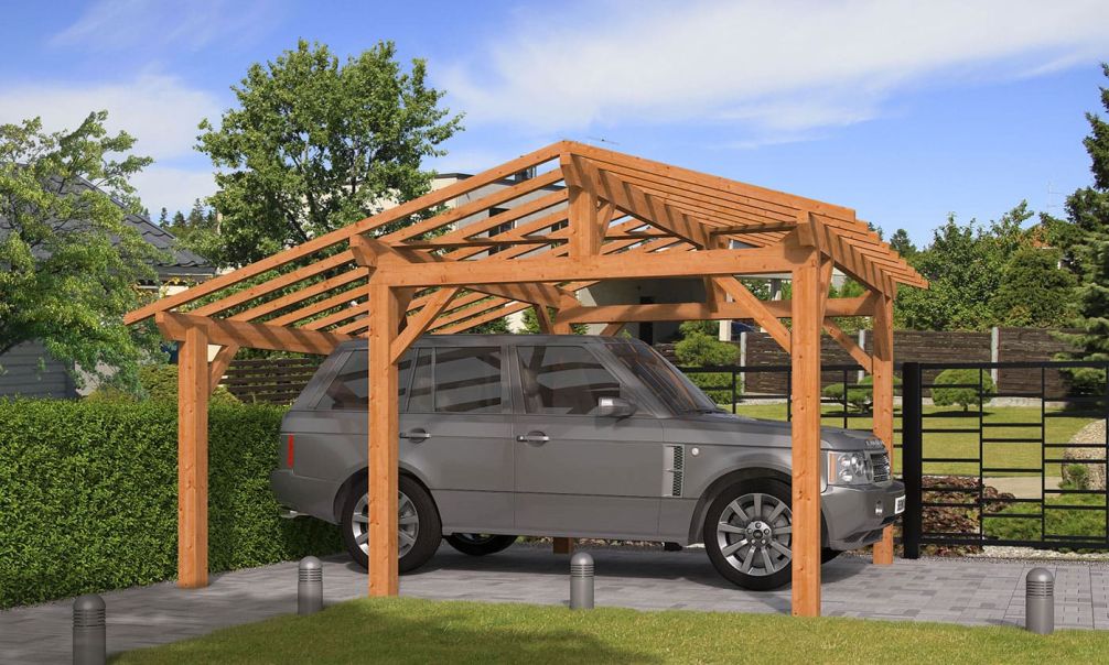 Einzelcarport Volcan 15 | Schutz durch KDI | Satteldak | Nordische Kiefer | 400x484cm