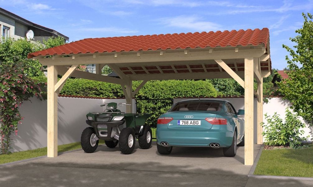 Doppelcarport Thionville 28 | Holz-Nutzungsklasse 2 | Satteldak | Nordische Kiefer | 550x600cm