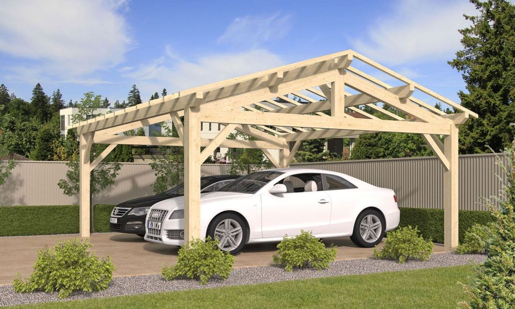 Doppelcarport Thionville 33 | Holz-Nutzungsklasse 2 | Satteldak | Nordische Kiefer | 650x600cm