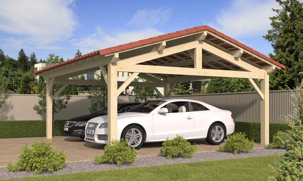 Doppelcarport Thionville 33 | Holz-Nutzungsklasse 2 | Satteldak | Nordische Kiefer | 650x600cm