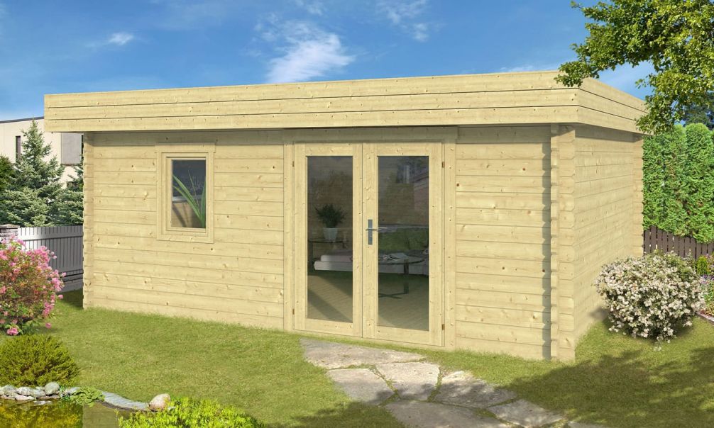 Holz-Gartenhaus New York 21F - 70mm Blockbohlenhaus - Gartenhaus Lounge - Flachdach - Fichte - 18.76m²