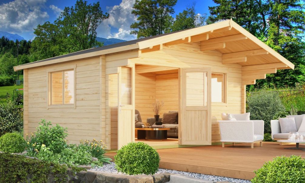Gartenhaus Zanzibar 2 +  Schleppdach 150cm | Satteldach | Wandstärke 70mm | 485x485cm