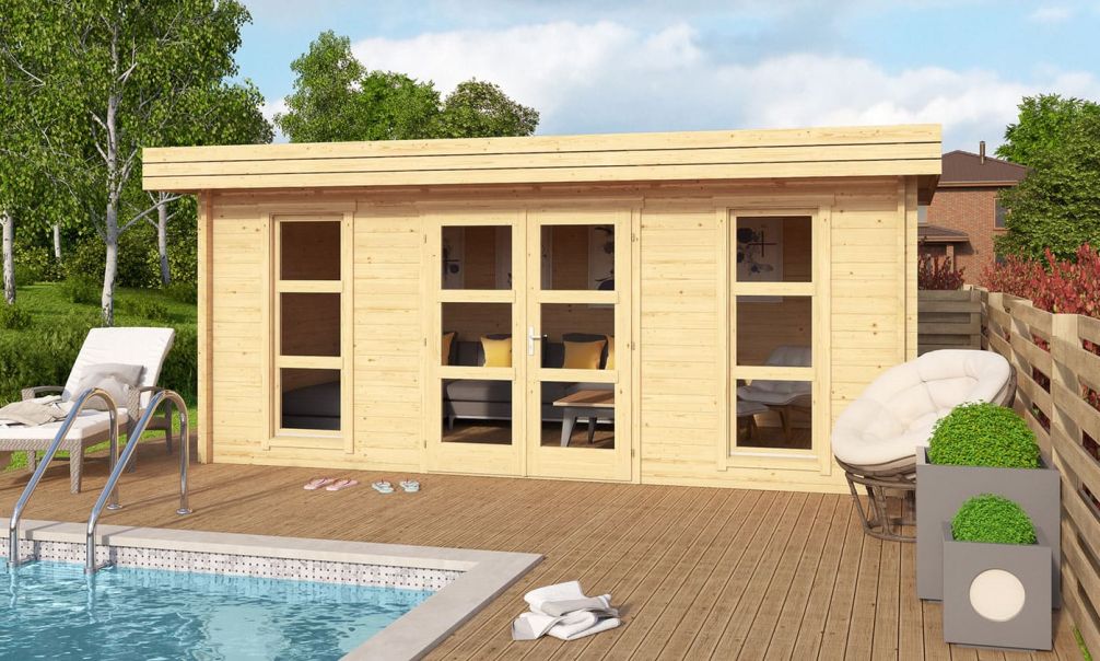 Holz-Gartenhaus Cannes A - 44mm Blockbohlenhaus - Gartenhaus Lounge - Flachdach - Fichte - 16.80m2