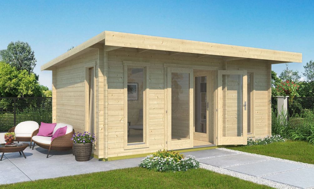 Holz-Gartenhaus Barbados 1 - 44mm Blockbohlenhaus - Gartenhaus Lounge - Pultdach - Fichte - 16.80m2