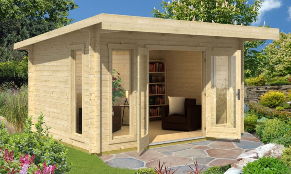 Holz-Gartenhaus Barbados 3 - 44mm Blockbohlenhaus - Gartenhaus Lounge - Pultdach - Fichte - 11.64m2