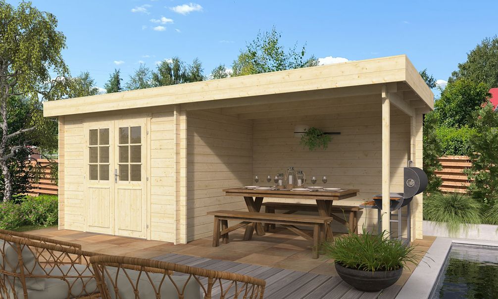 Gartenhaus Scandola mit Anbau und Rückwand| Flachdach | Wandstärke 34mm | 622x269cm