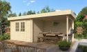 Gartenhaus Scandola mit Anbau und Rückwand| Flachdach | Wandstärke 34mm | 622x269cm