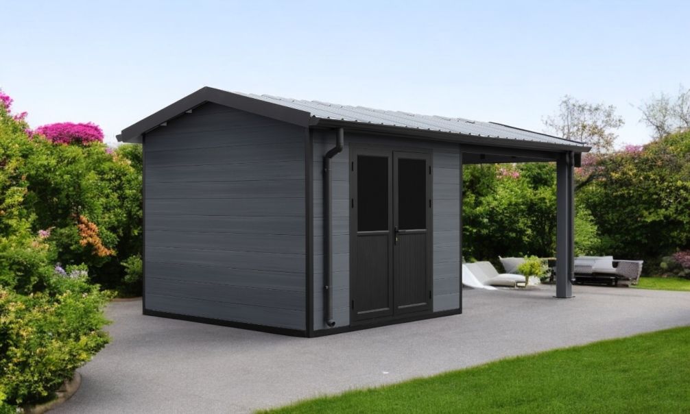 WPC-Gartenhaus MILINA | Satteldach | Wandstärke 28mm | Wände anthrazitfarben | 600x300m