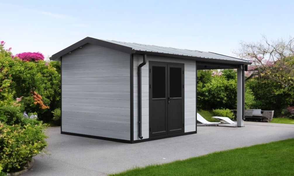 WPC-Gartenhaus MILINA | Satteldach | Wandstärke 28mm | Hellgraue Wände | 600x300cm