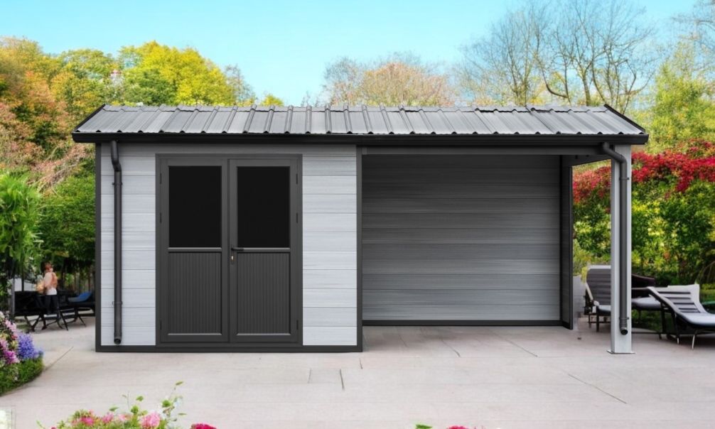 WPC-Gartenhaus MILINA | Satteldach | Wandstärke 28mm | Hellgraue Wände | 600x300cm