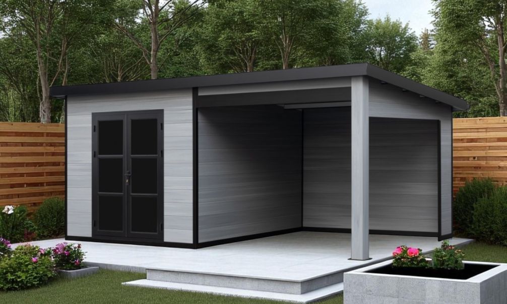 WPC-Gartenhaus DOMOKOS | Pultdach | Wandstärke 28mm | Hellgrau | 600x300cm
