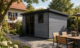 WPC-Gartenhaus AGIA | Pultdach | Wandstärke 28mm | 370x370cm - Außenwände in Anthrazitgrau, Innenwände in Mausgrau