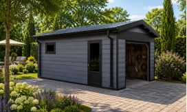 WPC Garage SALLANCHES mit elektrischem Sektionaltor – Wendbare WPC-Dielen in Teak/Anthrazit – 19 m² Innenfläche