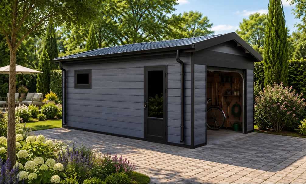 WPC Garage SALLANCHES mit elektrischem Sektionaltor – Wendbare WPC-Dielen in Teak/Anthrazit – 19 m² Innenfläche