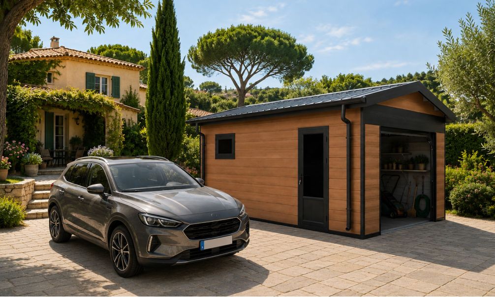 WPC Garage SALLANCHES mit elektrischem Sektionaltor – Wendbare WPC-Dielen in Teak/Anthrazit – 19 m² Innenfläche