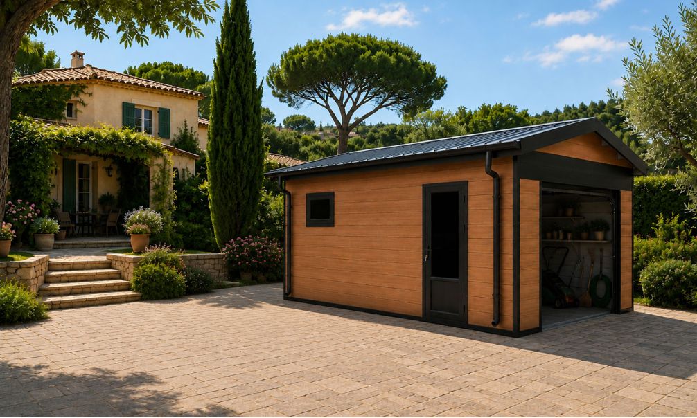 WPC Garage SALLANCHES mit elektrischem Sektionaltor – Wendbare WPC-Dielen in Teak/Anthrazit – 19 m² Innenfläche