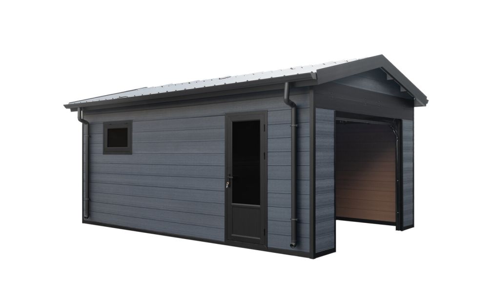 WPC Garage SALLANCHES mit elektrischem Sektionaltor – Wendbare WPC-Dielen in Teak/Anthrazit – 19 m² Innenfläche
